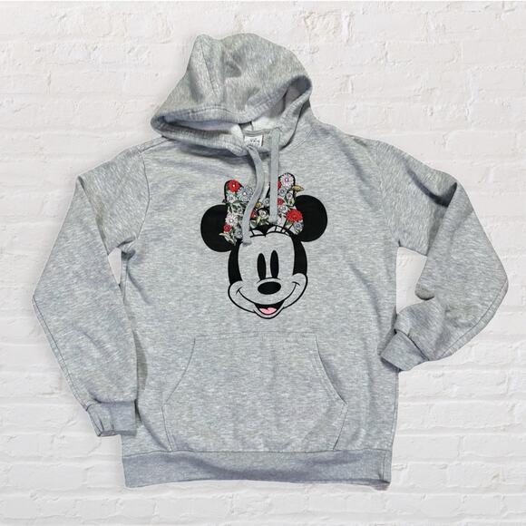 Disney Minnie Mouse Floral Embroidered Sweatshirt Women M Grey Hooded Pullover - Picture 1 of 9
